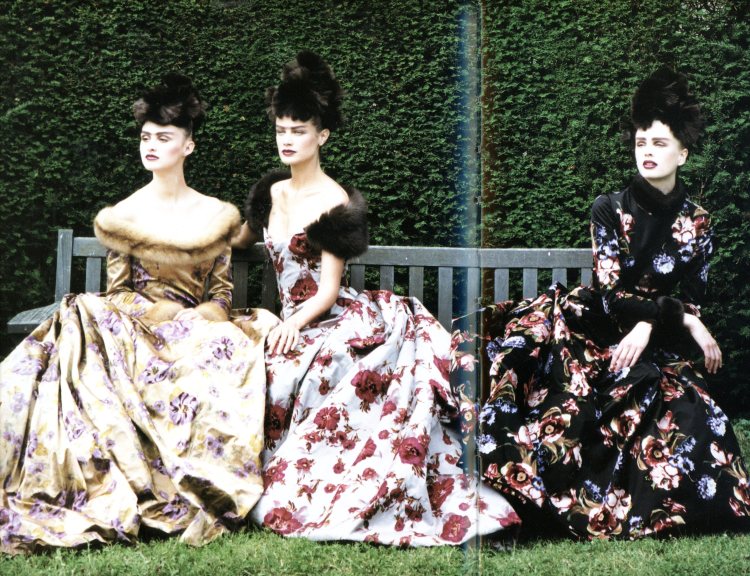 Dresses by Oscar de la Renta for Balmain, photographed by Peter Lindbergh for Vogue 1997
